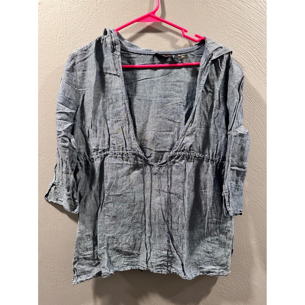 New York & Company Linen Cotton Hooded Tunic Top Blue Chambray Drawstring Large